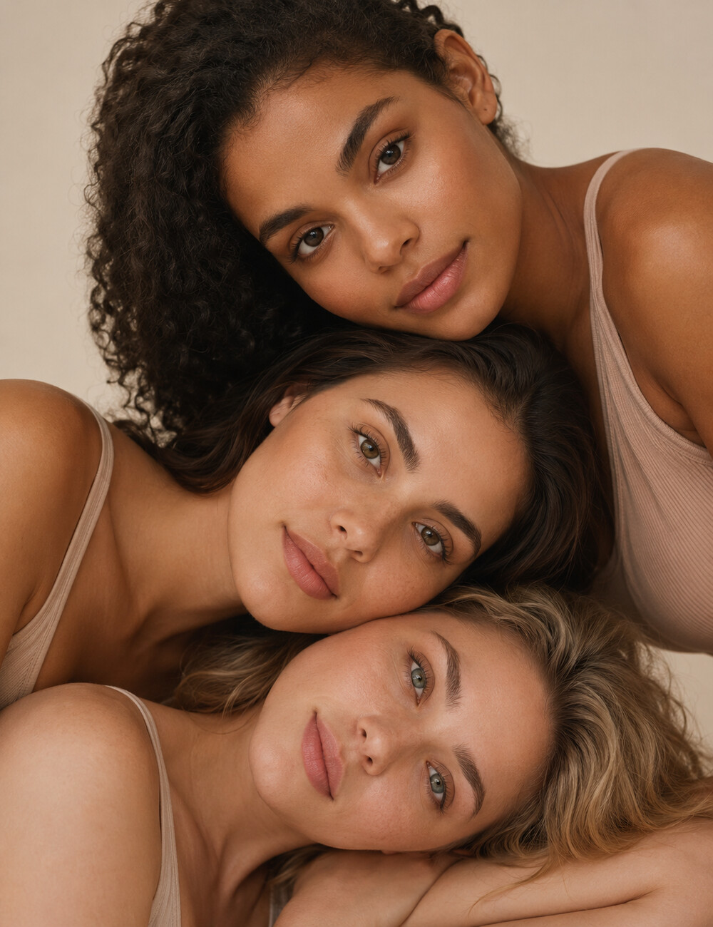 Drei Gäste des Salons mit gepflegten Brauen und Wimpern, dicht nebeneinander