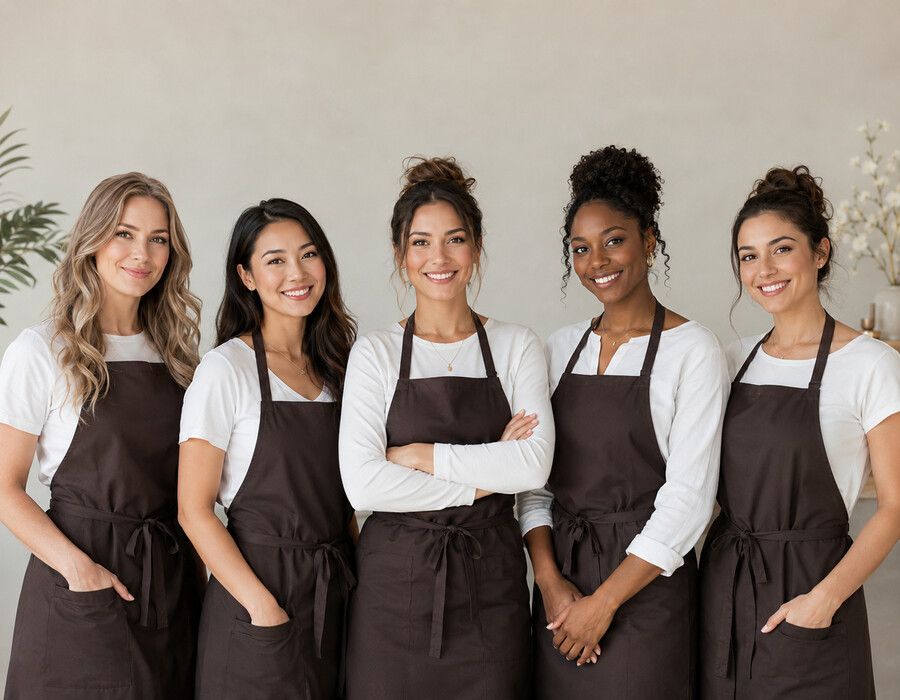 Das Team des Salons in dunklen Schürzen